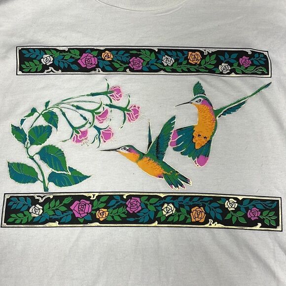 Vintage 90s Jerzeez Flower Garden Hummingbirds Floral T-Shirt Medium‎ - Picture 2 of 6